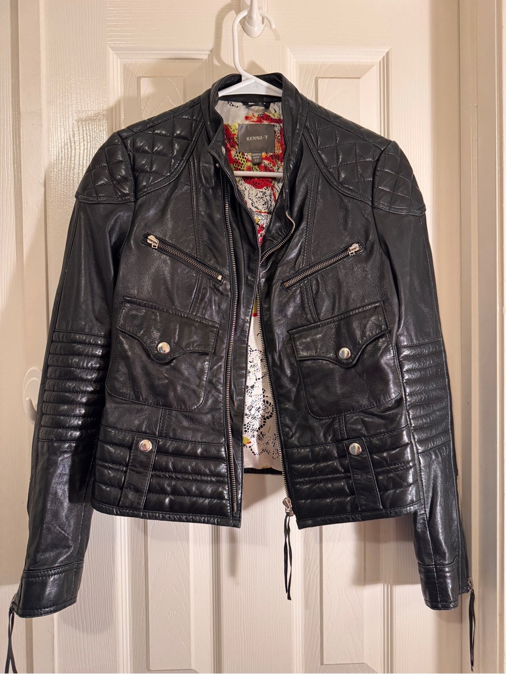 Kenna-T Women's Black Quilted Leather Jacket with Floral Lining